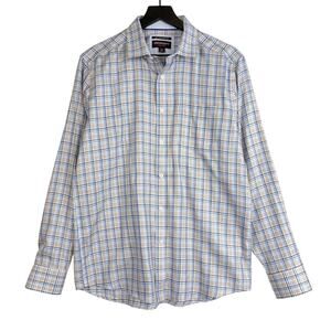 Johnston & Murphy Beige Blue Plaid Cotton Non-Iron Dress Shirt - Size M